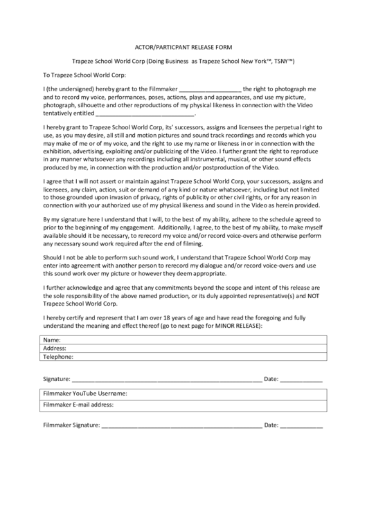 Actor/particpant Release Form Printable pdf