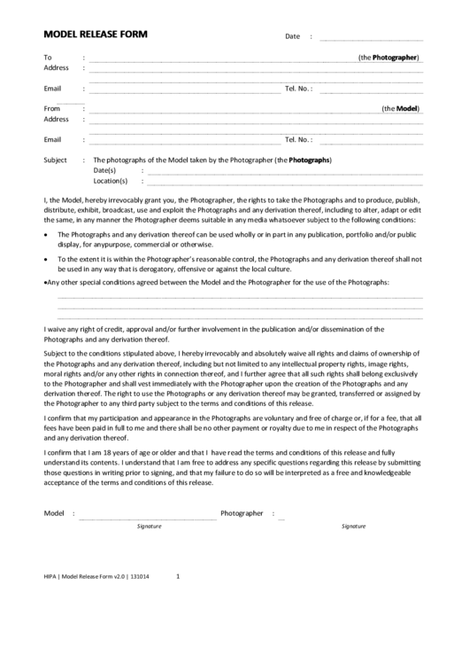 Model Release Form Printable pdf