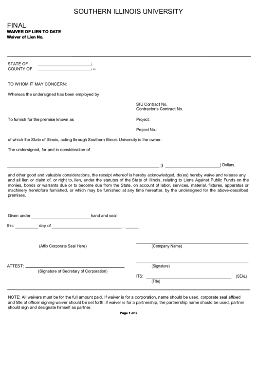 Fillable Southern Illinois University Final Waiver Form Printable pdf
