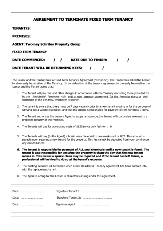 Agreement To Terminate Fixed Term Tenancy Printable pdf