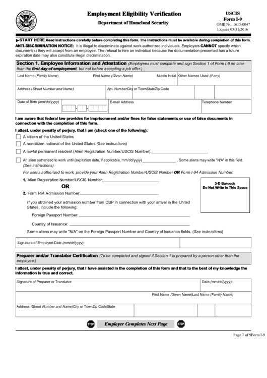 Fillable Uscis Form I-9 - Employment Eligibility Verification - 2016 Printable pdf