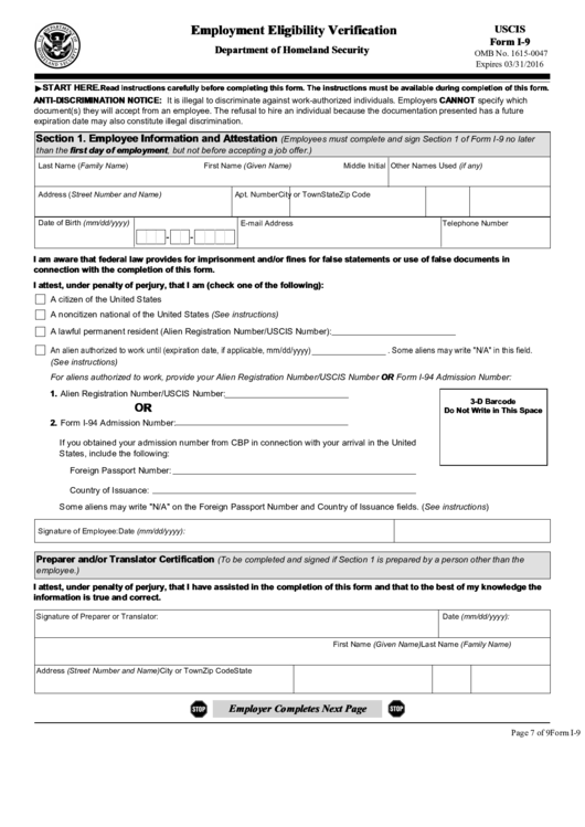 Instructions For Uscis Form I 9 Employment Eligibility Verification