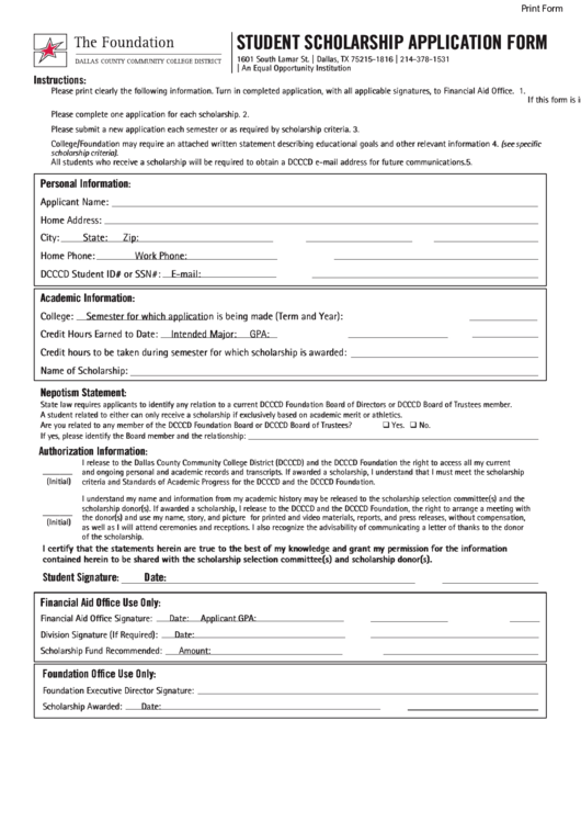 Fillable Student Scholarship Application Form Printable pdf