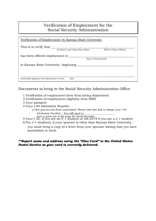 Fillable Verification Of Employment For The Social Security Administration Printable pdf