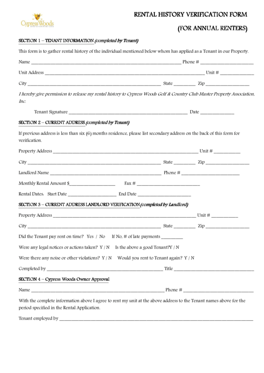 Rental History Verification Form Printable pdf