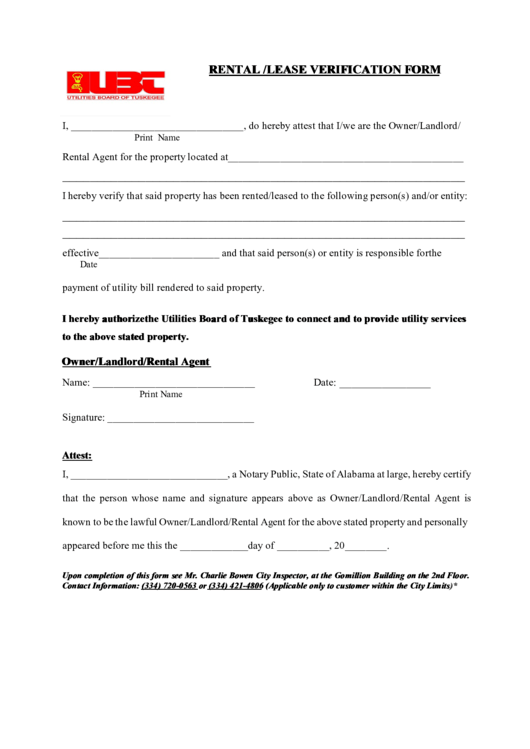Rental /lease Verification Form Printable pdf