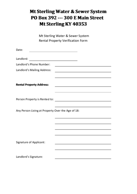 Mt Sterling Water & Sewer System Rental Property Verification Form Printable pdf