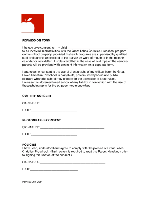 Great Lakes Christian Preschool Permission Form Printable pdf