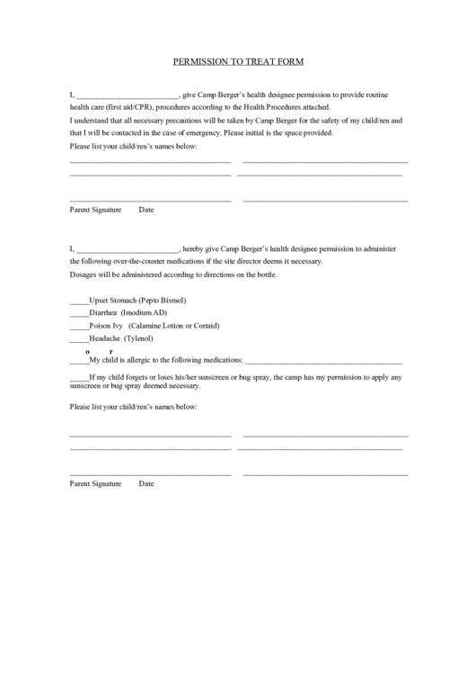 Permission To Treat Form Printable pdf