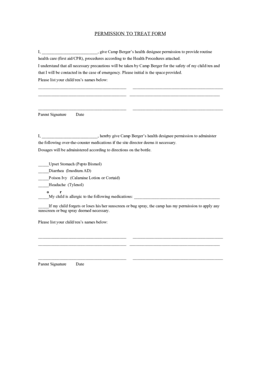 Permission To Treat Form Printable Pdf Download