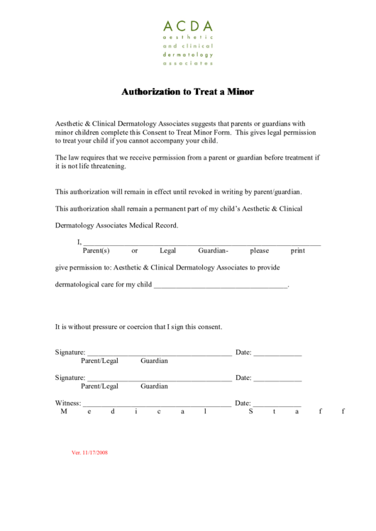 Authorization To Treat A Minor Printable pdf