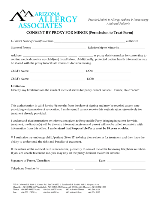 Consent By Proxy For Minor (Permission To Treat Form) Printable pdf