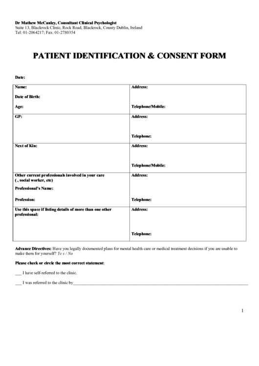 Patient Identification & Consent Form Printable pdf