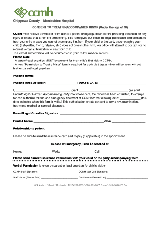 Consent To Treat Unaccompanied Minor (Under The Age Of 18) Printable pdf