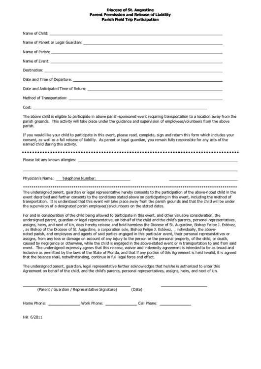 Diocese Of St. Augustine Parent Permission And Release Of Liability Parish Field Trip Participation Printable pdf