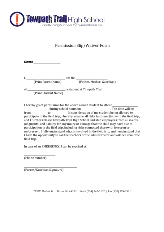 Permission Slip/waiver Form Printable pdf