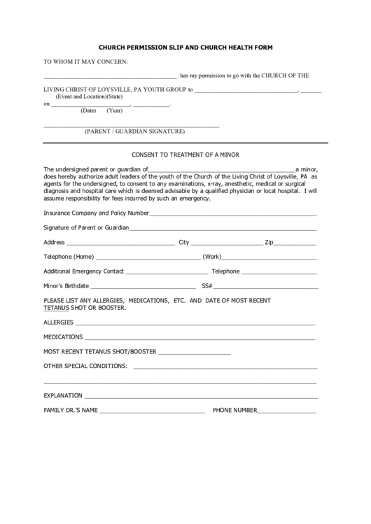 Church Permission Slip And Church Health Form Printable pdf