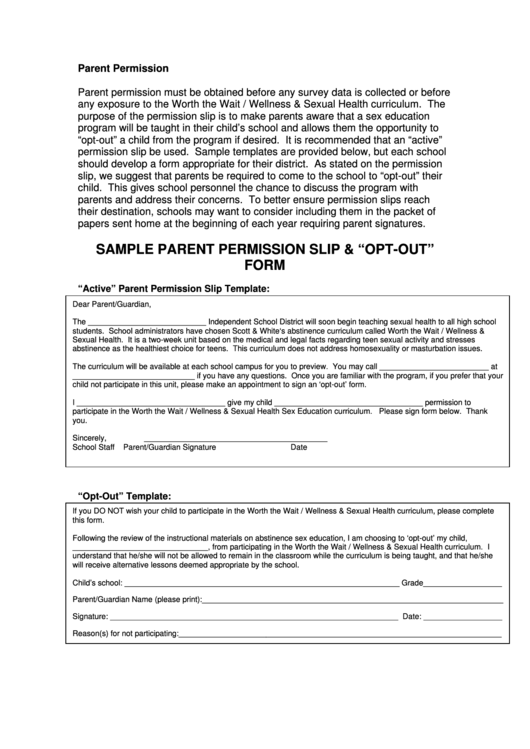 Sample Parent Permission Slip & Opt-Out Form For Sexual Health Curriculum Printable pdf