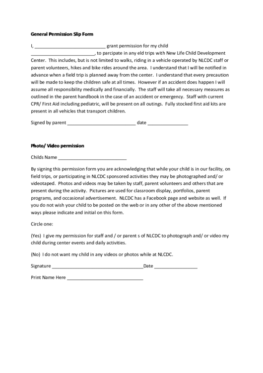 General Permission Slip Form Printable pdf