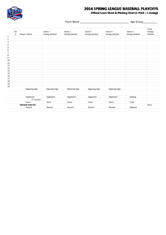 Official Score Sheet - Pitching Chart Printable pdf
