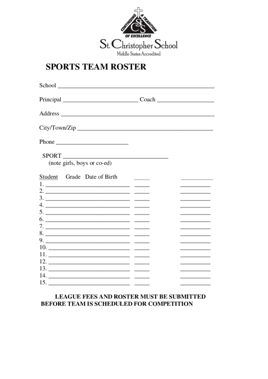 Sports Team Roster Printable pdf