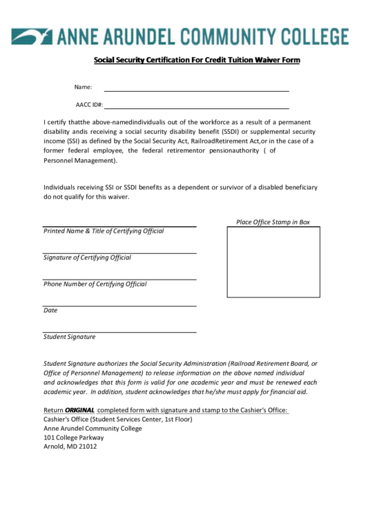 Social Security Certification For Credit Tuition Waiver Form Printable pdf