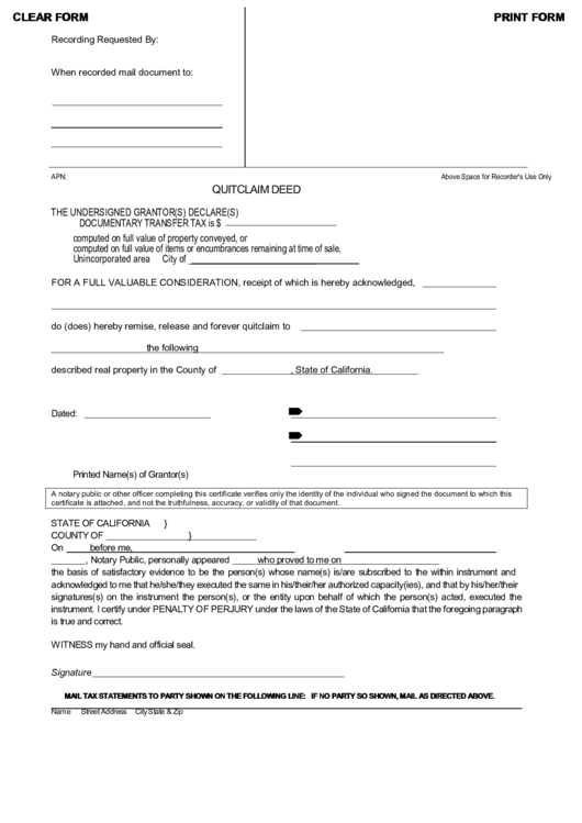 Fillable Quitclaim Deed - State Of California Printable pdf