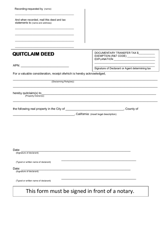Fillable Form Quitclaim Deed - State Of California, Acknowledgment Printable pdf