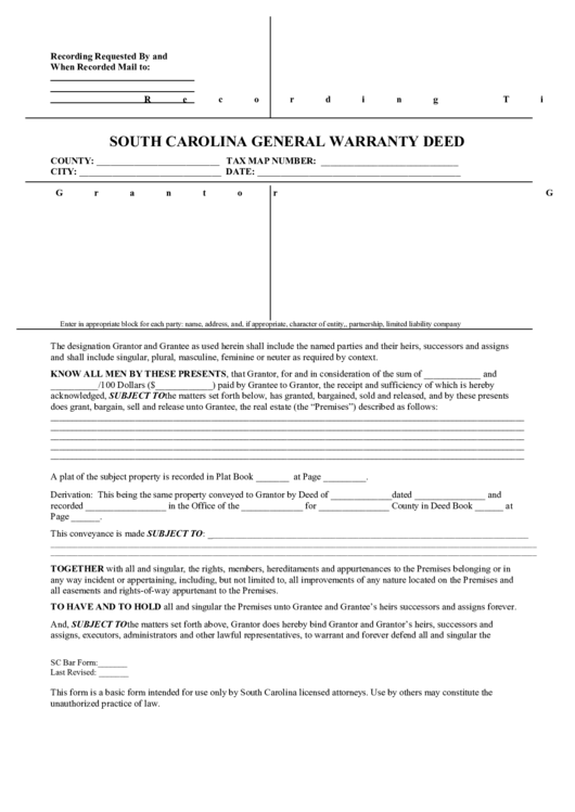 South Carolina General Warranty Deed Form Printable pdf