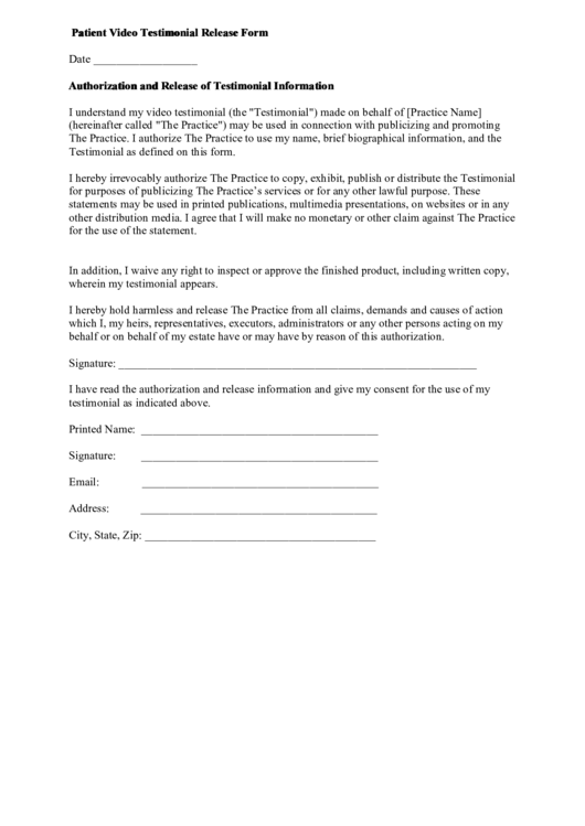 Patient Video Testimonial Release Form Printable pdf