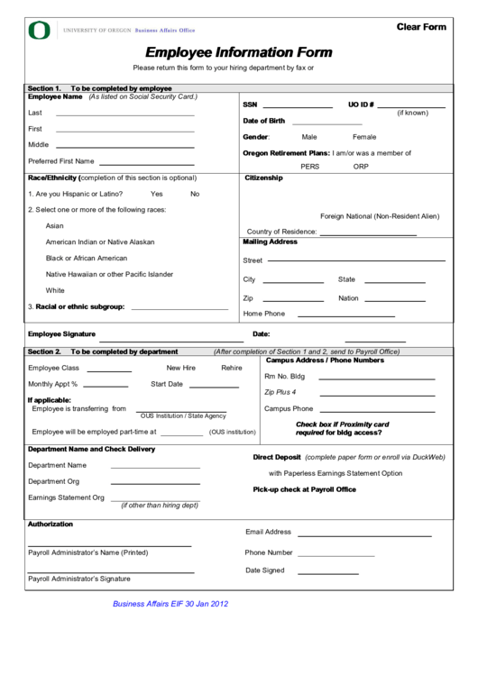 Fillable University Of Oregon Employee Information Form Printable pdf