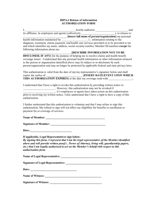 Hipaa Release Of Information Authorization Form Printable pdf