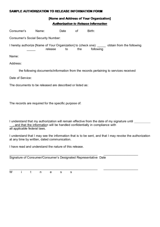 Sample Authorization To Release Information Form Printable pdf