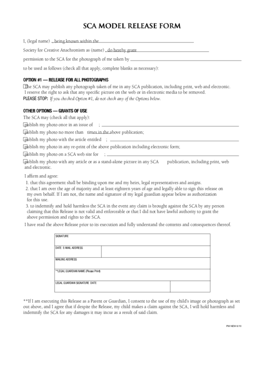 Sca Model Release Form Printable pdf