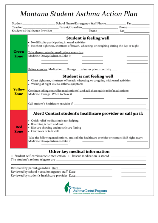 Montana Student Asthma Action Plan Printable pdf