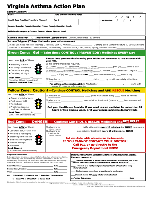 Virginia Asthma Action Plan Template Printable pdf
