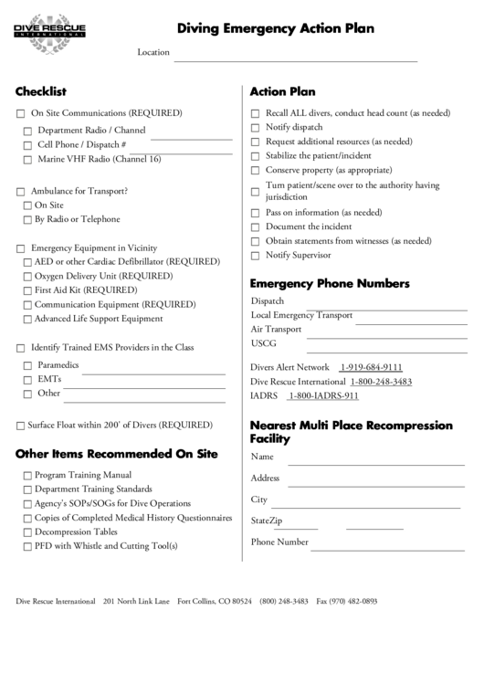 Dive Rescue Diving Emergency Action Plan Printable Pdf Download