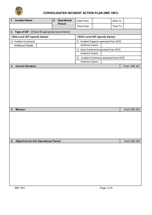 Consolidated Incident Action Plan (Ims 1001) Printable pdf