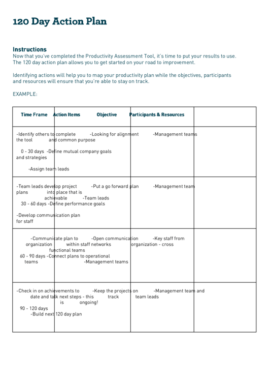 120 Day Action Plan Printable Pdf Download