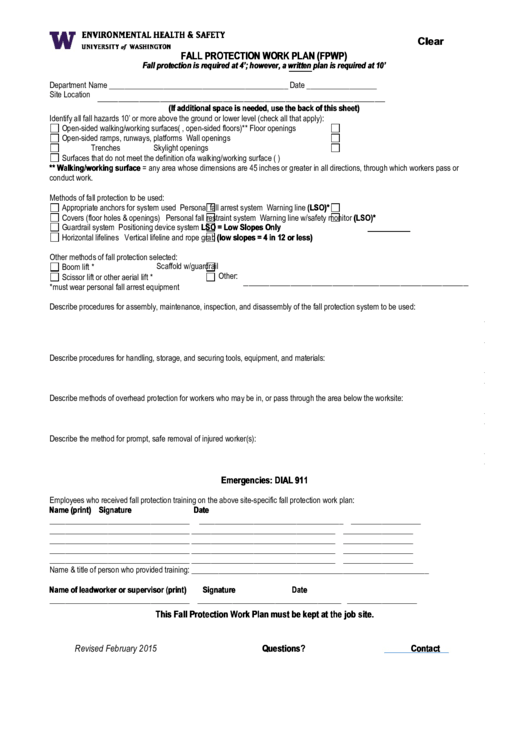 Fall Protection Work Plan (Fpwp) - University Of Washington Printable pdf