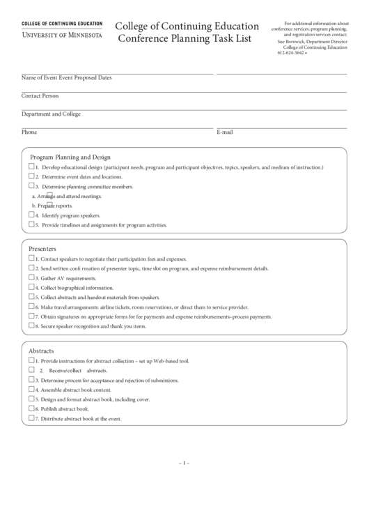 University Of Minnesota College Of Continuing Education Conference Planning Task List Printable pdf