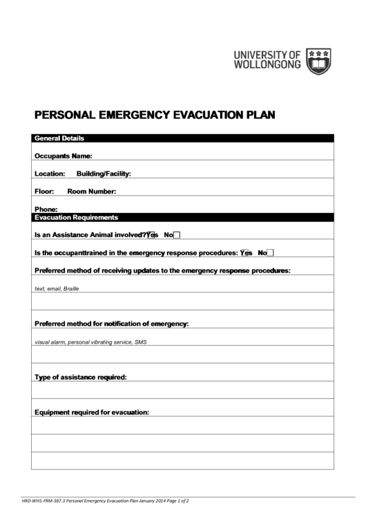 University Of Wollongong Personal Emergency Evacuation Plan Printable pdf
