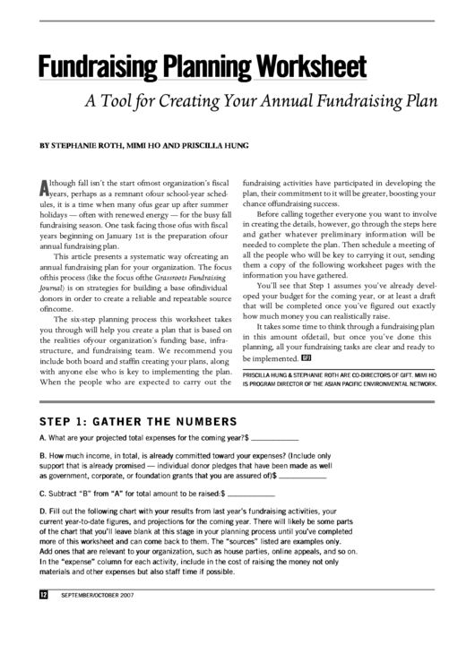 Fundraising Planning Worksheet Printable pdf