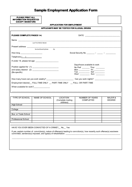 Sample Employment Application Form Printable pdf
