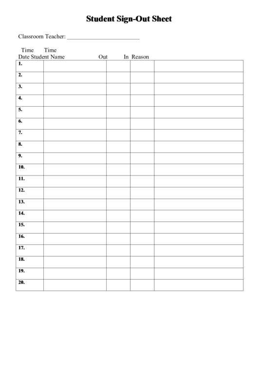 Student Sign-Out Sheet Printable pdf