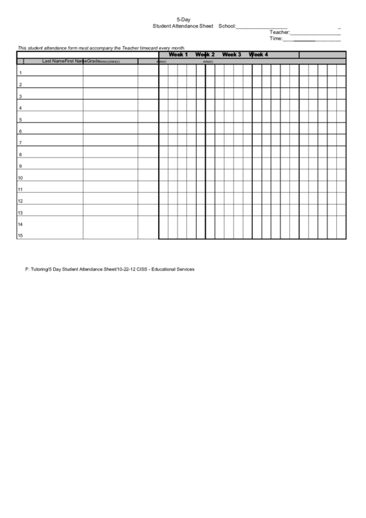 5-Day Student Attendance Sheet Printable pdf