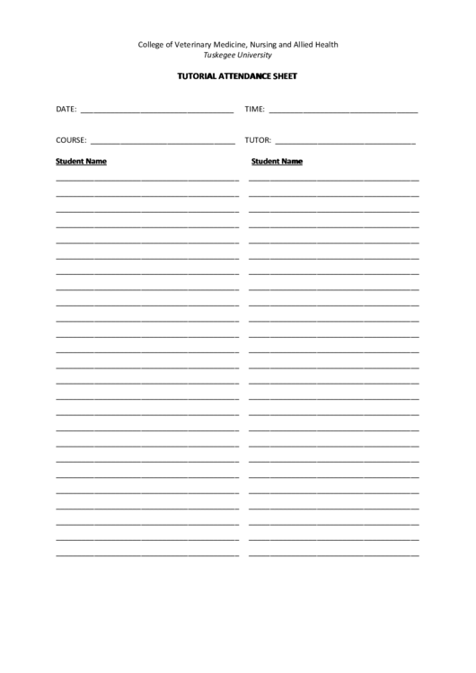 Tuskegee University Tutorial Attendance Sheet Printable pdf