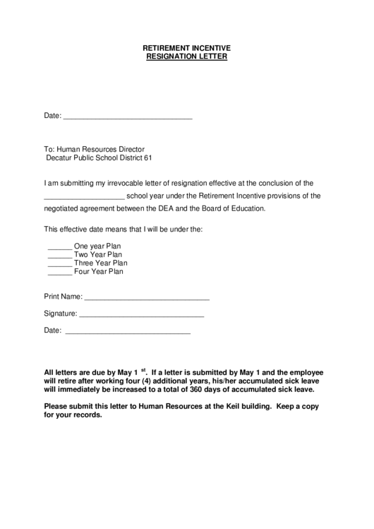 Retirement Incentive Resignation Letter Template Printable pdf