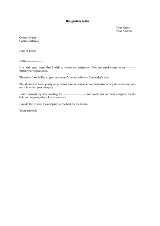 One Month S Notice Resignation Letter Template Printable Pdf Download