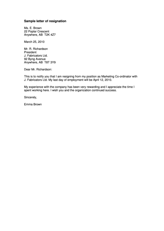 Sample Letter Of Resignation Printable pdf